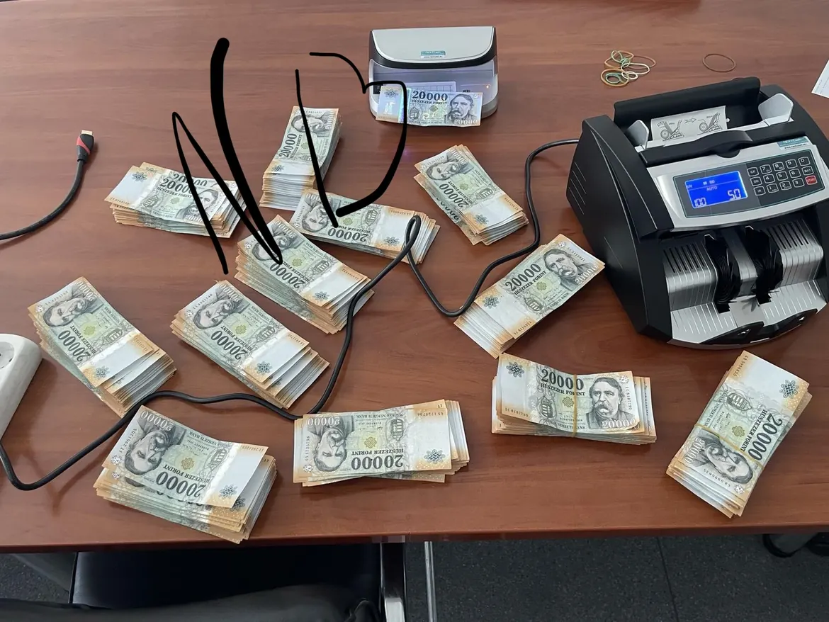 Stacks of 20,000-forint banknotes and a money counter on a table, signed NB